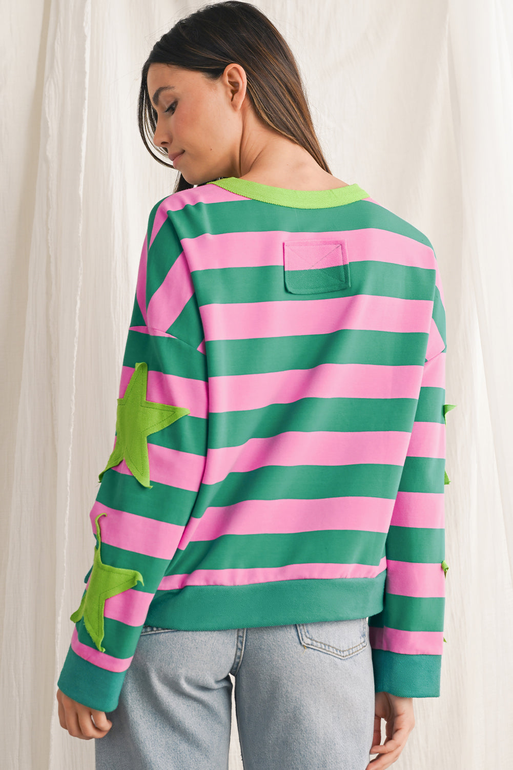 Pink Stripe Star Patchwork Round Neck Pullover Sweatshirt-True and Wild