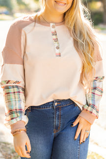 Parchment Plus Size Plaid Waffle Patchwork Henley Top-True and Wild