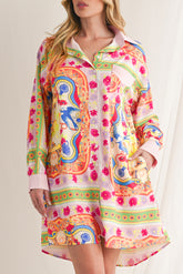 Multicolour Abstract Print Button Long Sleeve Shirt Dress-True and Wild