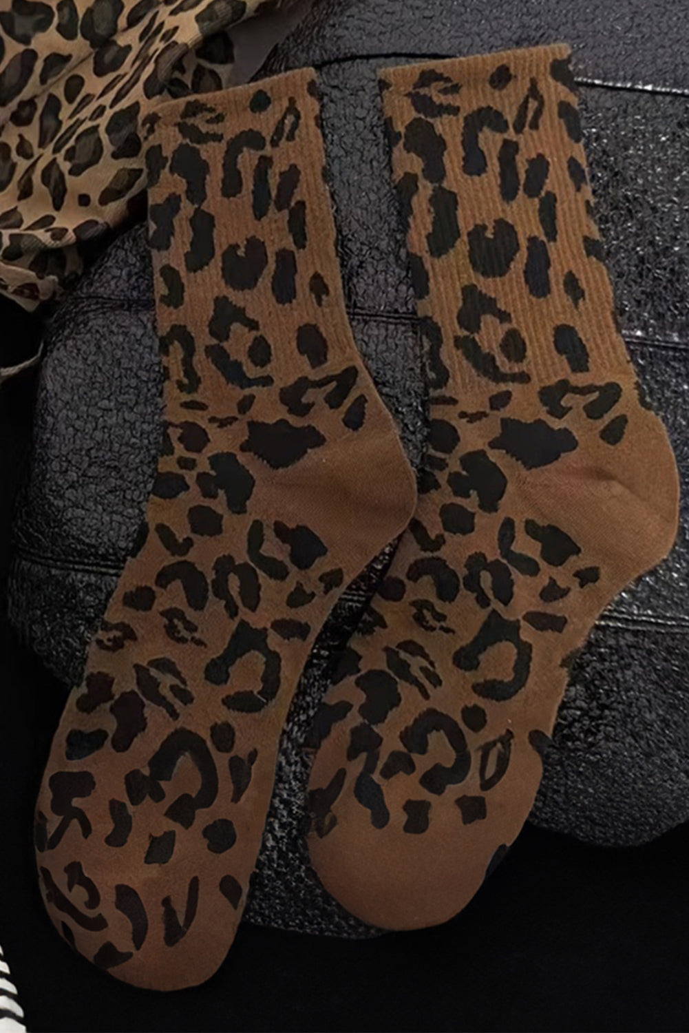 Chestnut Allover Leopard Print Crew Socks