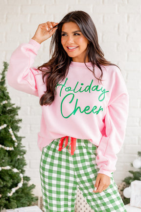 Pink Holiday Cheer Letter Graphic Christmas Slogan Sweatshirt-True and Wild