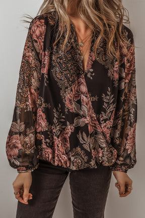 Printed Surplice Long Sleeve Blouse-True and Wild