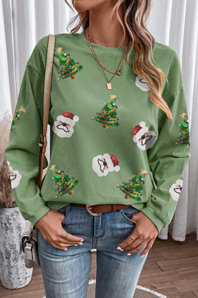 Grass Green Sequin Santa Clause Christmas Tree Patchwork Corded Sweatshirt-True and Wild