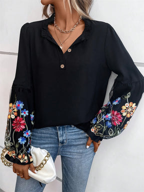 Embroidered Notched Long Sleeve Blouse-True and Wild