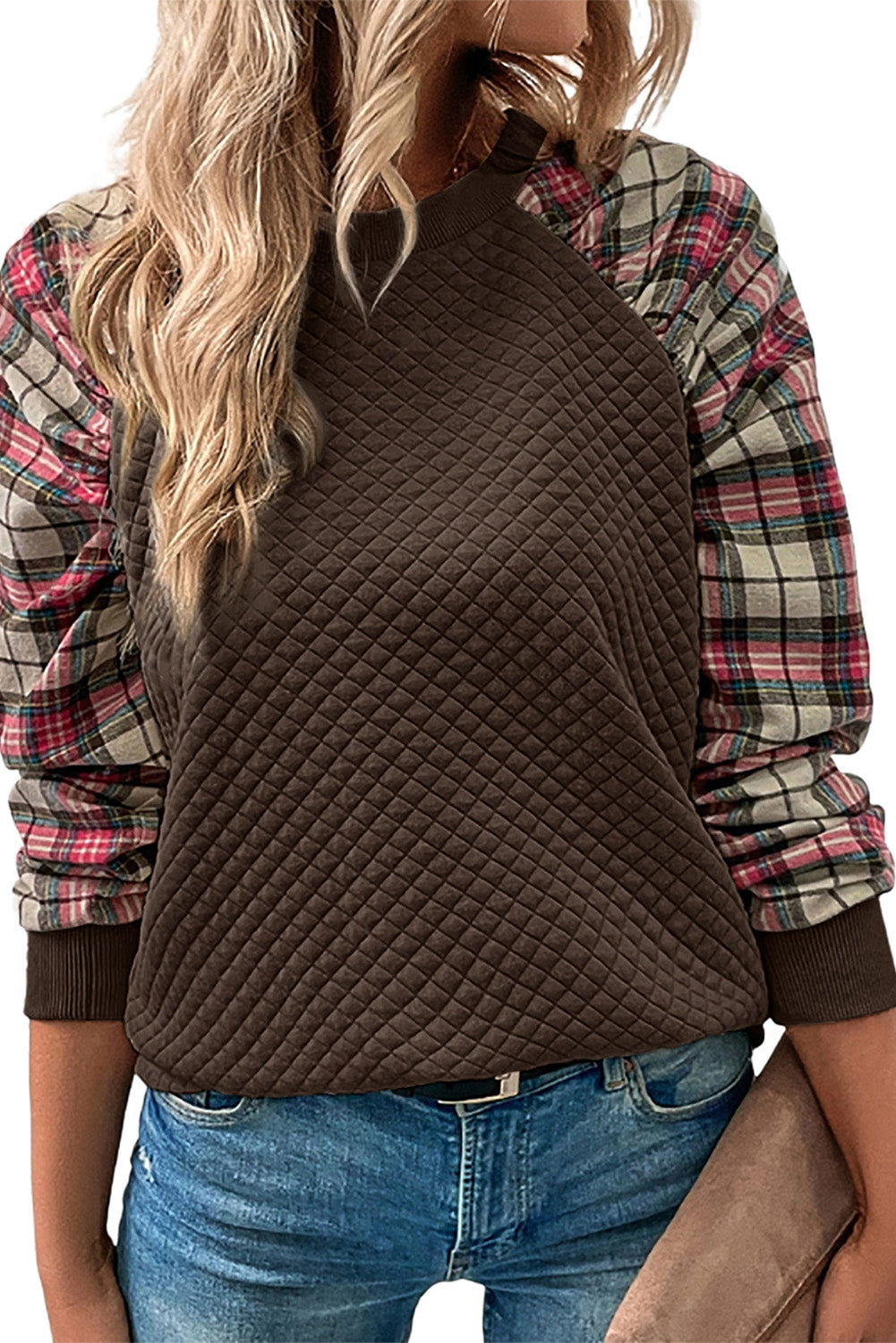 Brown Plaid Print Waffle Quilted Raglan Sleeve Sweatshirt-True and Wild