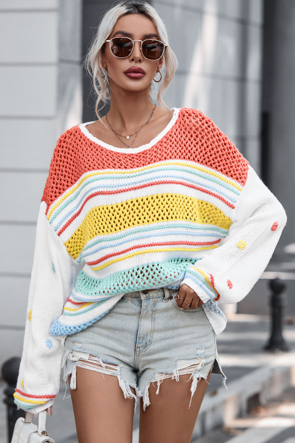 Hollow Striped Color Block Round Neck Sweater-True and Wild