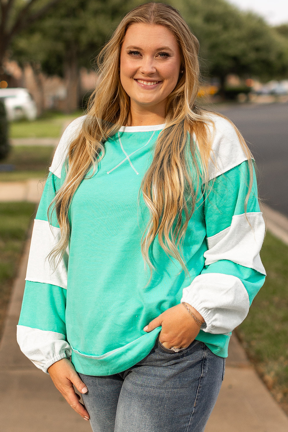 Aruba Blue Colorblock Patchwork Plus Sweatshirt-True and Wild