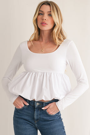 White Elegant Scoop Neck Bubble Hem Long Sleeve Top