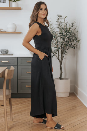 Black Solid Color Open Back Sleeveless Wide Leg Jumpsuit-True and Wild