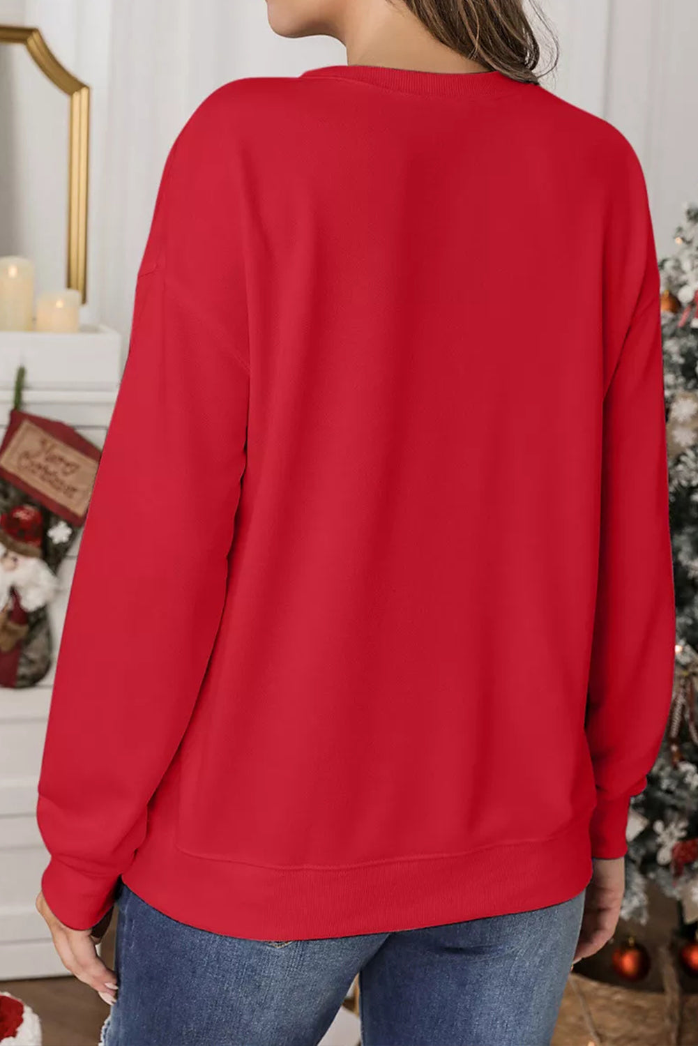 Red Playful Christmas Tree Patched Dropped Shoulder Sweatshirt-True and Wild