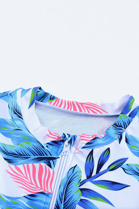 Blue Plant Print Zip Front Half Sleeve One Piece Swimsuit