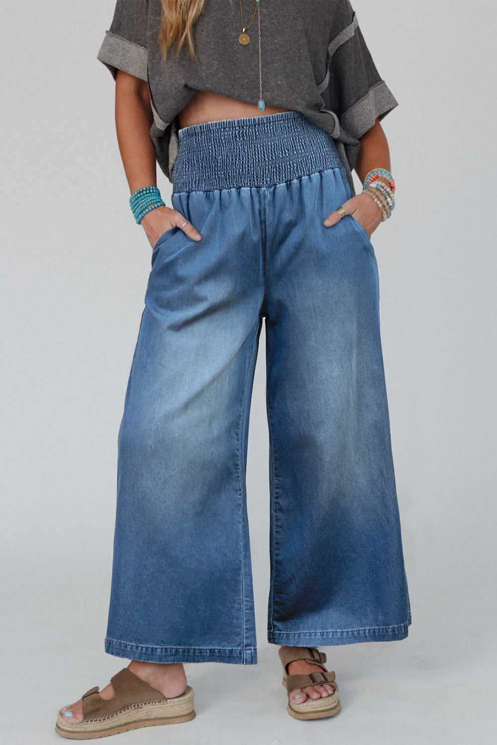 Ashleigh Blue Smocked Waist Wide Leg Jeans-True and Wild