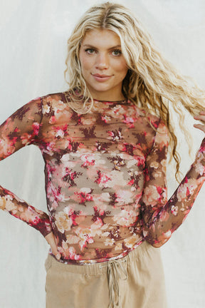 Red Floral Print Sheer Mesh Long Sleeve Top-True and Wild