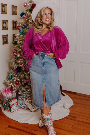 Bright Pink Plus Size Ruffled Sleeve V Neck Velvet Blouse-True and Wild