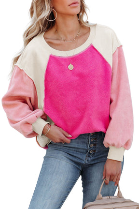 Rosy Colorblock Patchwork Plush Pullover Sweatshirt-True and Wild