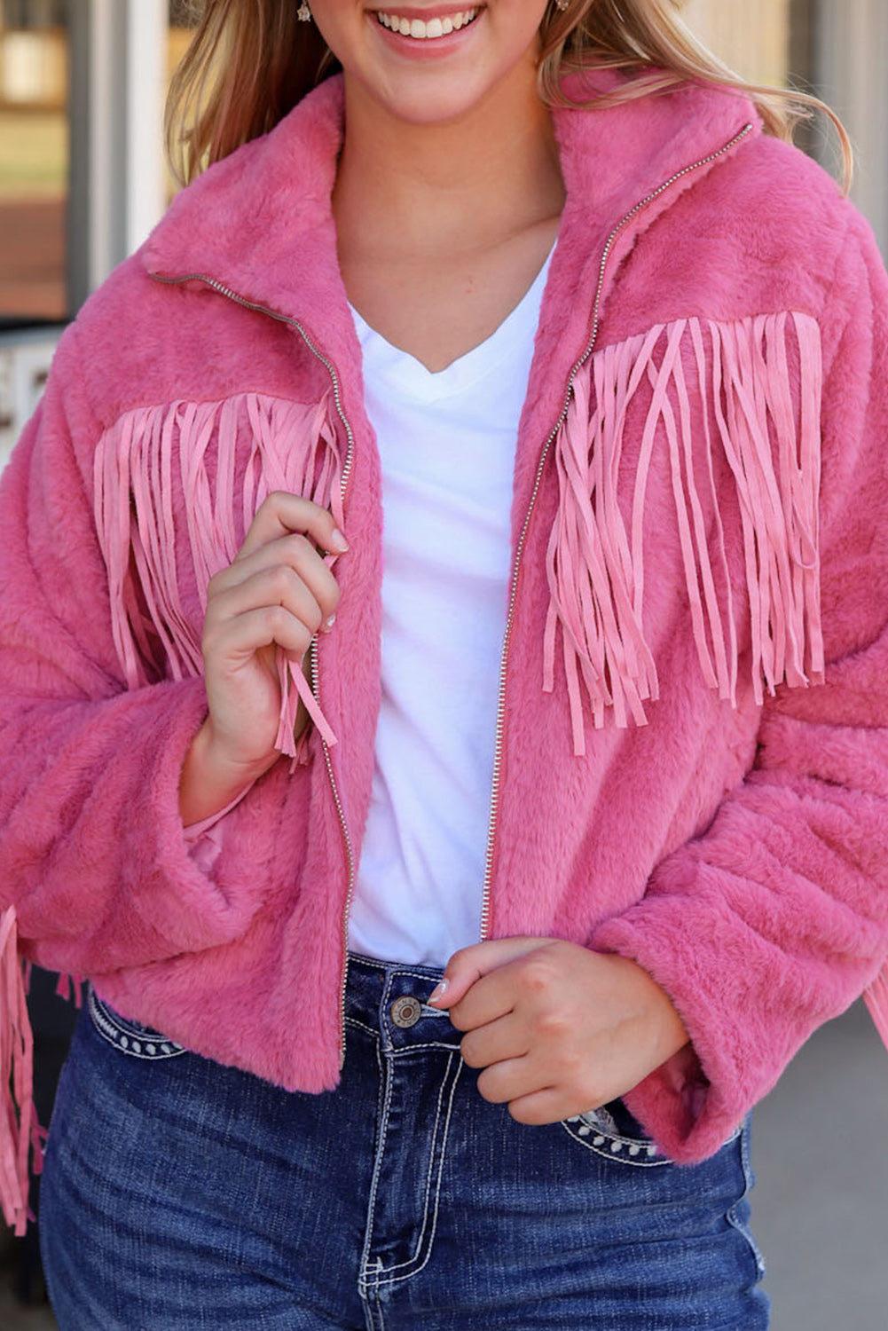 Fringed Zip Up Fleece Jacket-True and Wild