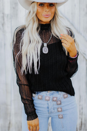 Black Dotty Lace Long Sleeve Mock Neck Sheer Top-True and Wild