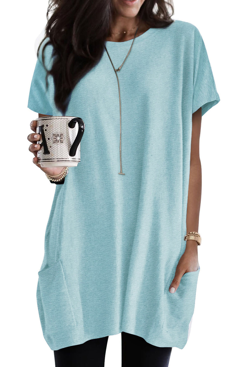 Light Blue Plain Loose Pocket Casual Tunic Long T-Shirt-True and Wild