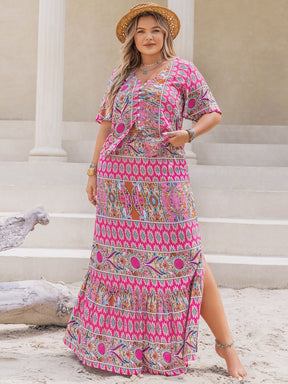 Plus Size Printed V-Neck Half Sleeve Top And Skirt Set