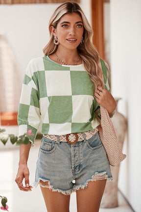 Grass Green Checkered Ruffle Smocked Cuffs Tee-True and Wild