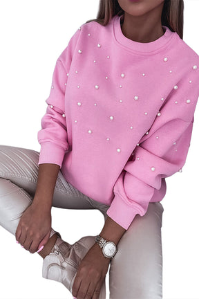 Pink Pearl Decor Ribbed Contrast Round Neck Sweatshirt-True and Wild