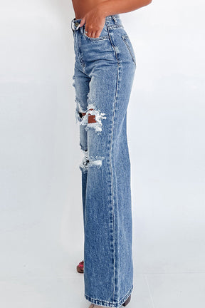 Ashleigh Blue Acid Wash Distressed Wide Leg High Waist Jeans-True and Wild