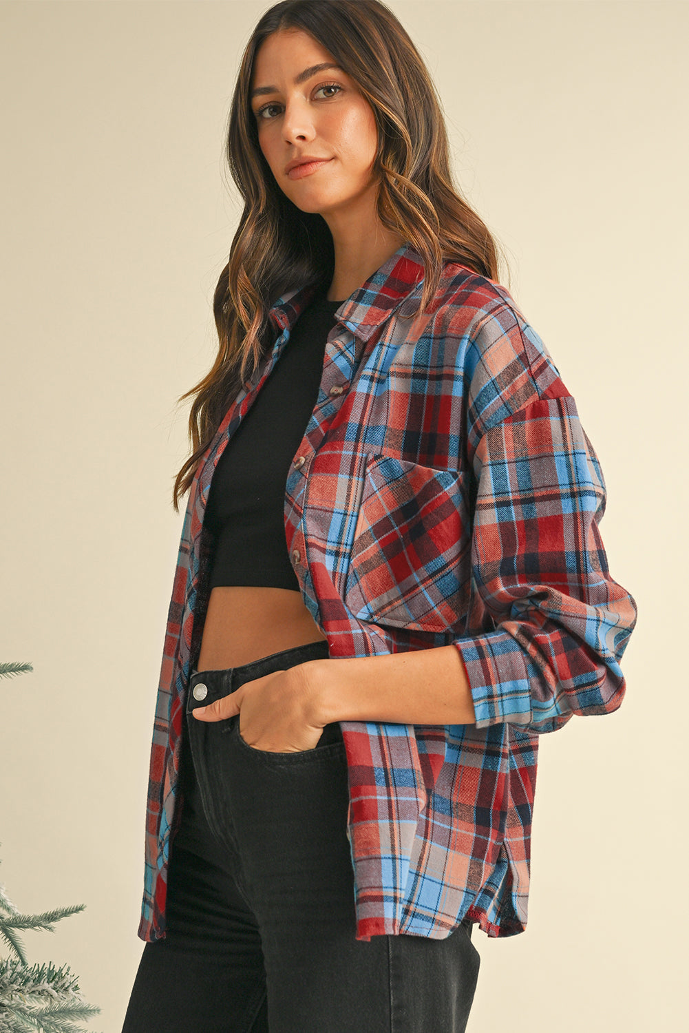 Red Plaid Print Drop Sleeve Loose Shirt-True and Wild