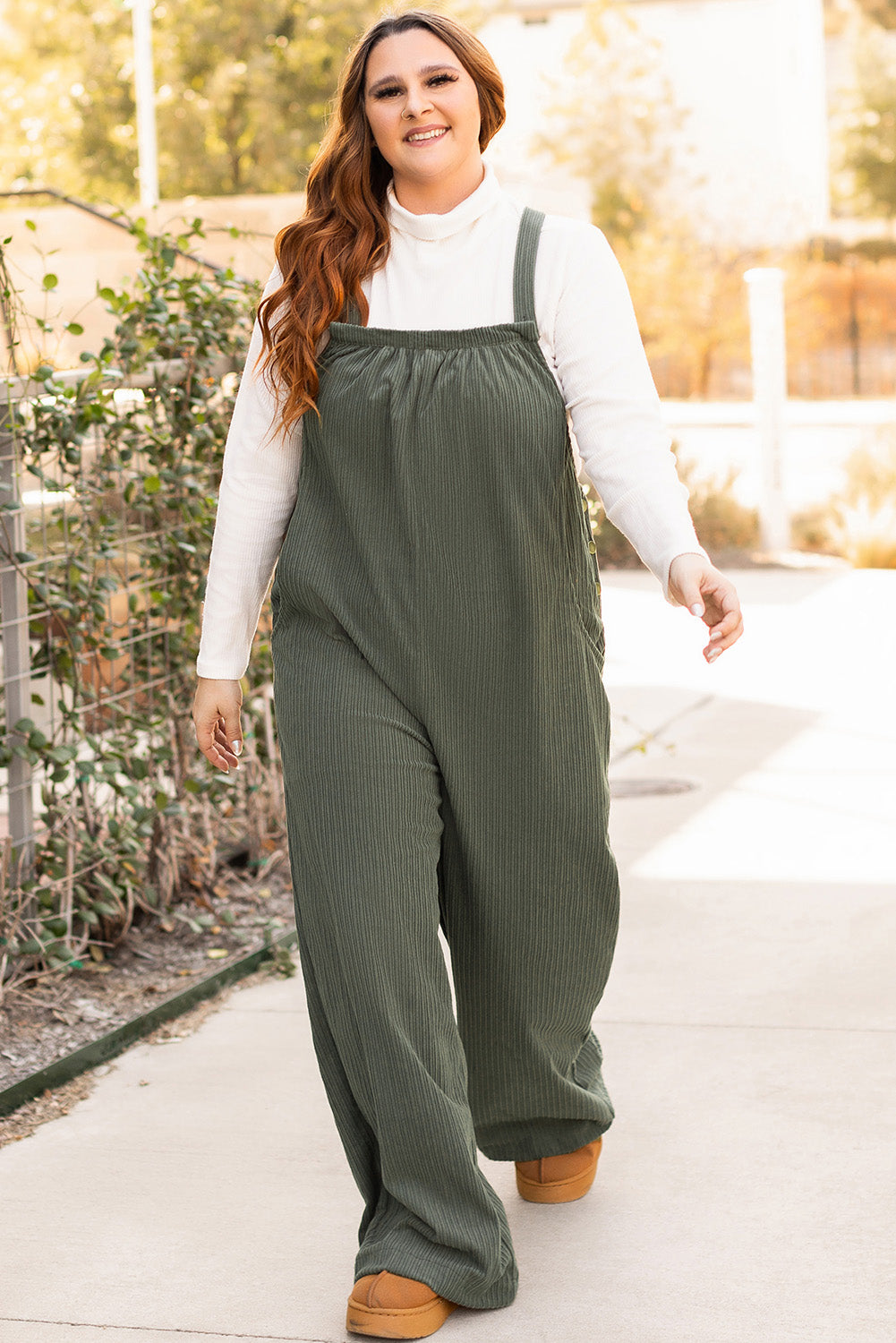 Jungle Green Plus Size Side Pockets Corduroy Overall-True and Wild