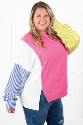 Rose Red Striped Colorblock Exposed Seam Long Sleeve Plus Size Top-True and Wild