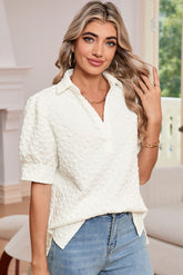 White V Neck Collared Texture Puff Sleeve Top