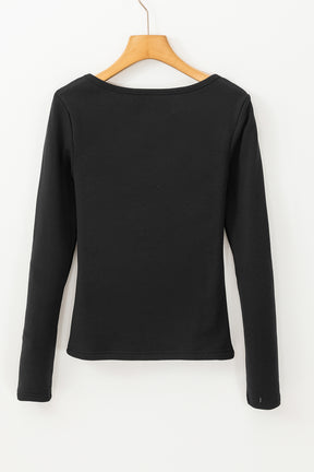 Black Fleece Lined Slim Fit Basic Long Sleeve Top-True and Wild