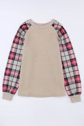 Brown Plaid Print Waffle Quilted Raglan Sleeve Sweatshirt-True and Wild