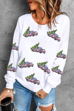 Beige Sequins A Truck of Christmas Tree Graphic Sweatshirt-True and Wild