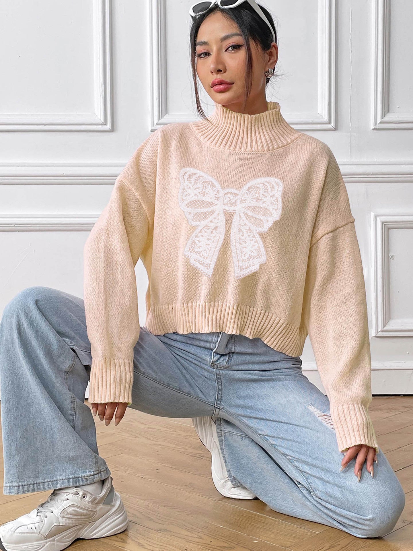 Bow Turtleneck Long Sleeve Sweater-True and Wild