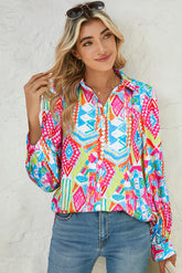 Multicolour Abstract Print Button Lantern Sleeve Shirt-True and Wild