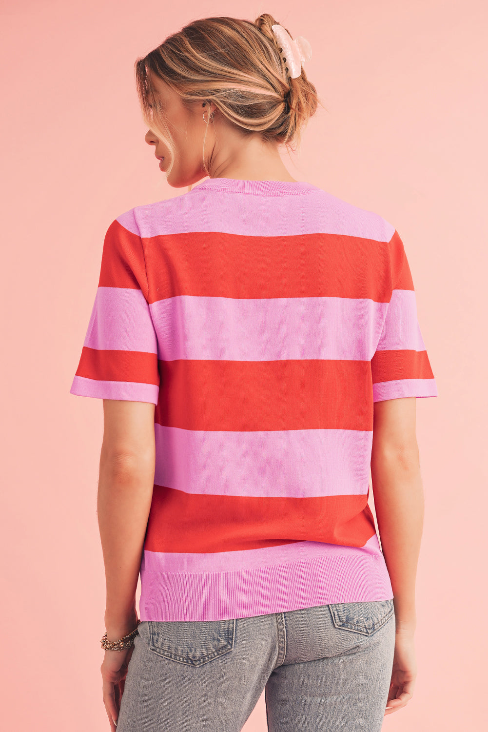 Bright Pink Colorblock Knitted Round Neck T Shirt-True and Wild