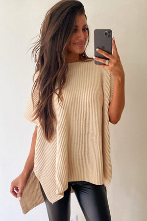 Haze Blue Side Slit Short Sleeve Oversized Sweater-True and Wild