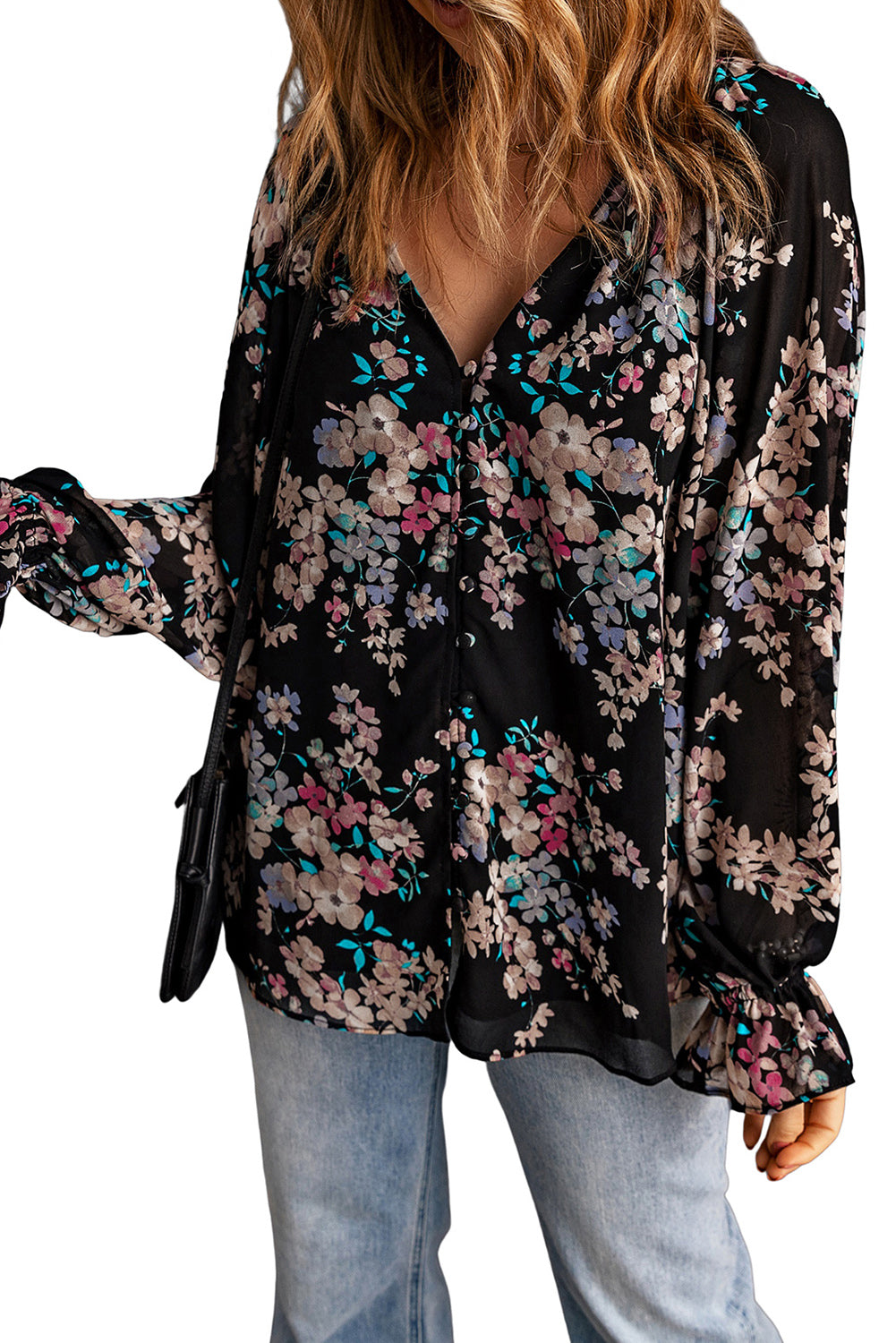 Black Floral Boho Chiffon Peasant Sleeve Blouse-True and Wild