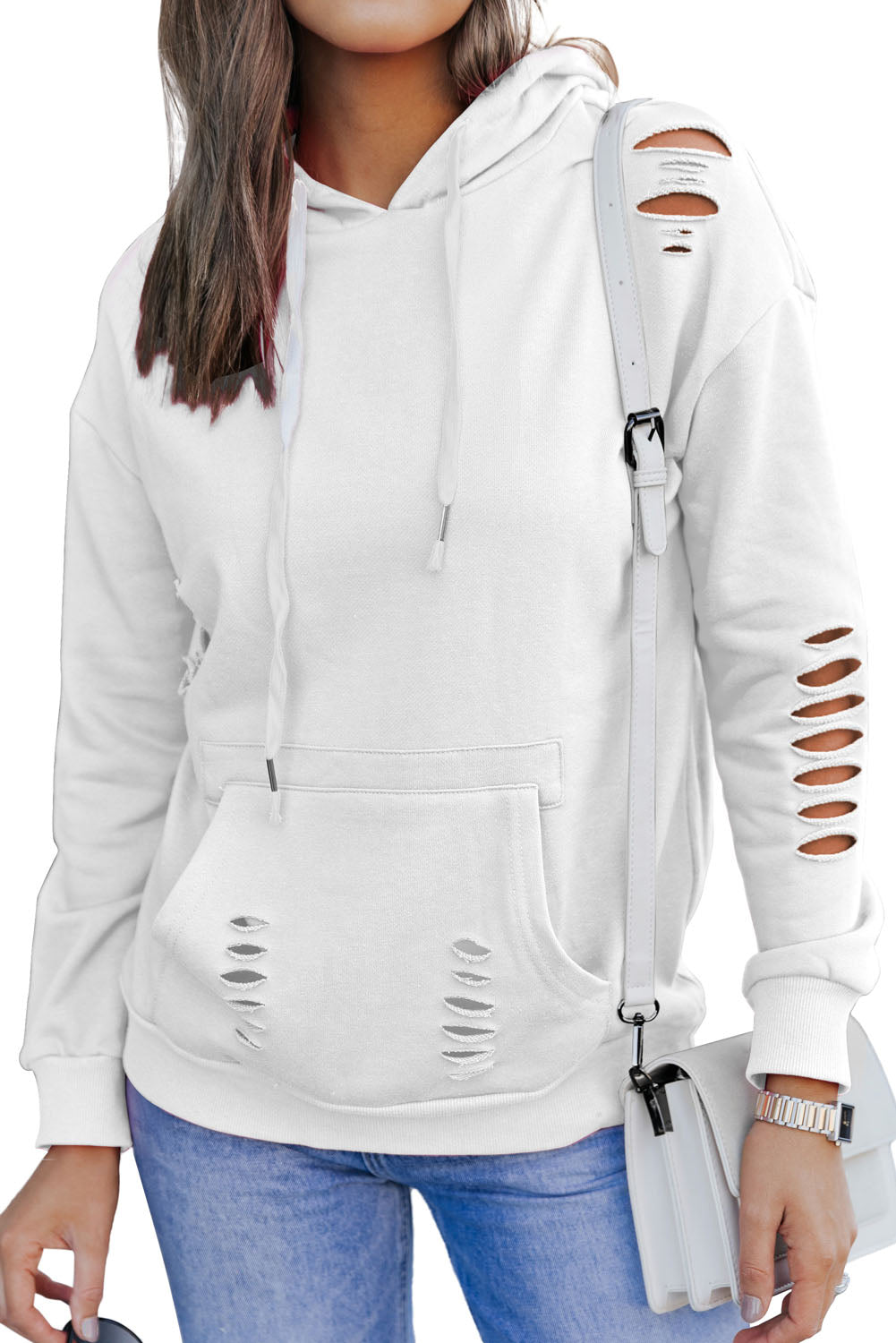 White Ripped Kangaroo Pocket Hooded Sweatshirt