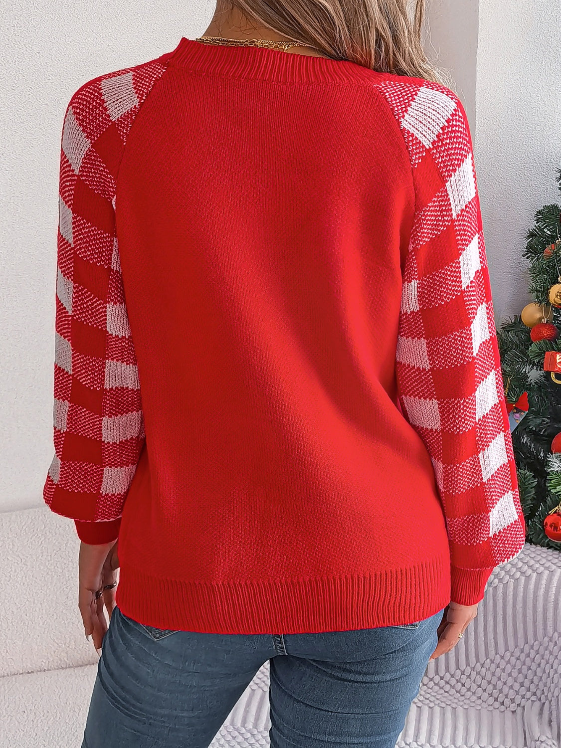 Reindeer Plaid Round Neck Long Sleeve Sweater-True and Wild