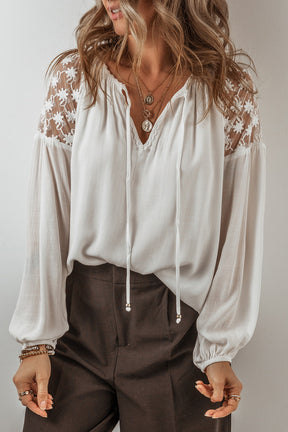 Lace Detail Tie Neck Long Sleeve Blouse-True and Wild