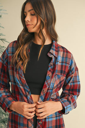 Red Plaid Print Drop Sleeve Loose Shirt-True and Wild