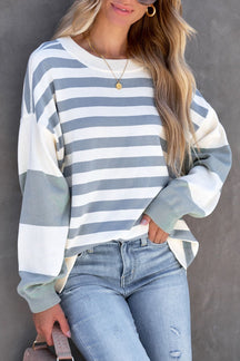 Blue Casual Striped Drop Shoulder Pullover Sweatshirt-True and Wild