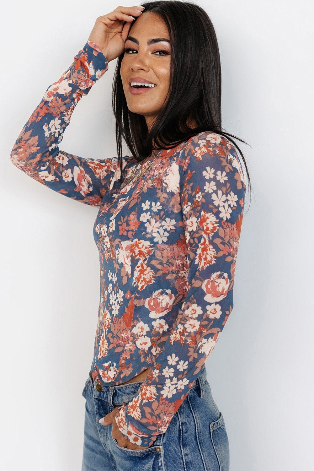 Orchid Petal Allover Floral Print Mesh Long Sleeve Top