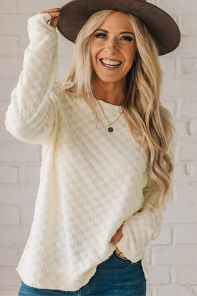 Beige Checkered Furry Thumbhole Long Sleeve Top-True and Wild