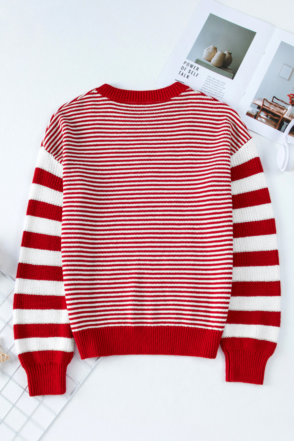 Red Stripe Twisted Knitted Drop Shoulder Sweater-True and Wild