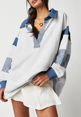 Color Block Johnny Collar Long Sleeve Sweatshirt-True and Wild