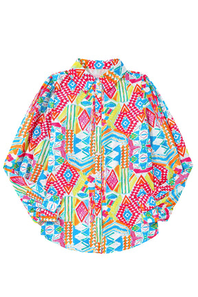 Multicolour Abstract Print Button Lantern Sleeve Shirt-True and Wild