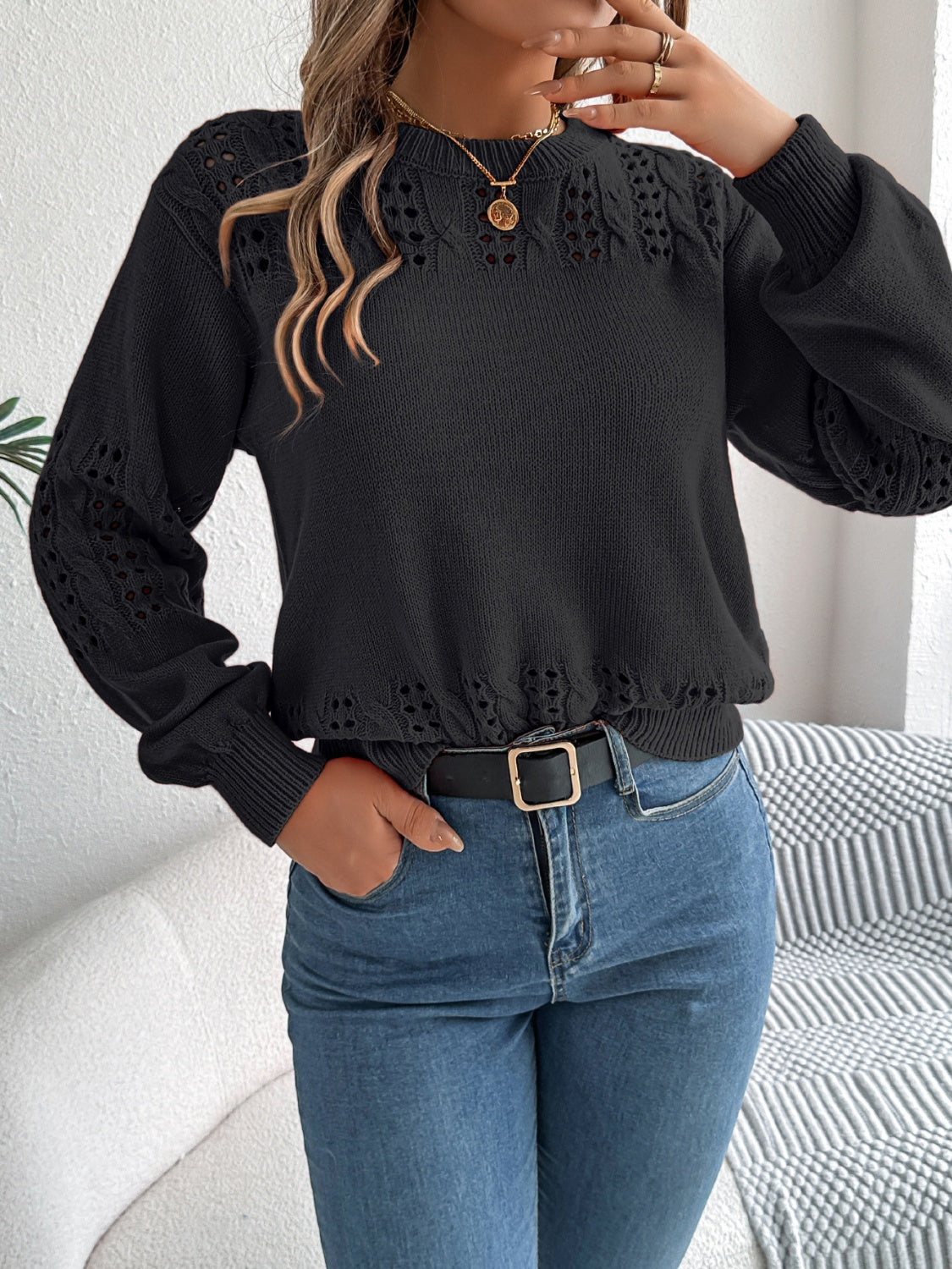 Openwork Round Neck Long Sleeve Sweater-True and Wild