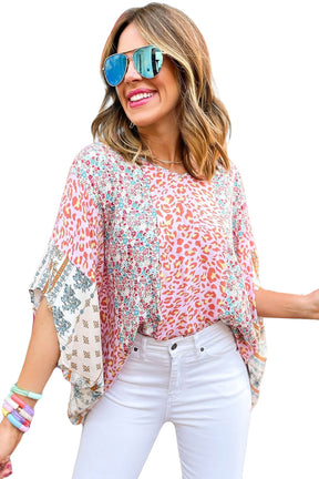 Multicolor Leopard Floral Mix Print Batwing Sleeve Cape Blouse-True and Wild